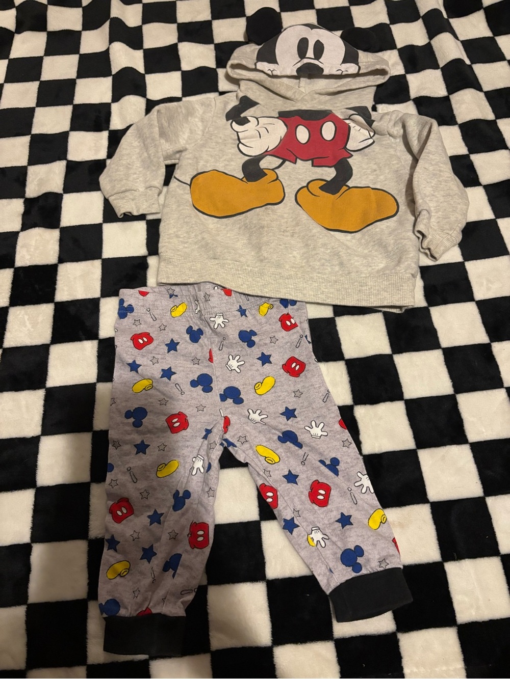 6/12 month Disney pj pants with Mickey hoodie (stained)
